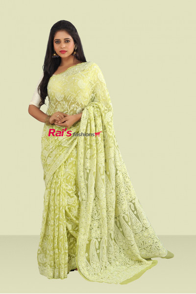 Lemon Green Shade Pure Georgette Base With Hand Chikkon Work All Over (KR641)