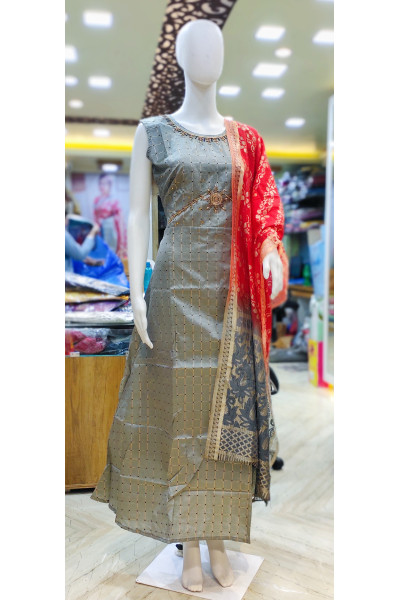 Silk Long Gown With All Zari Checks And Stone Work (KR2115)