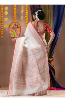 Contrast Color Piping Border With Banarasi Work Organic Linen Saree (KR1813)
