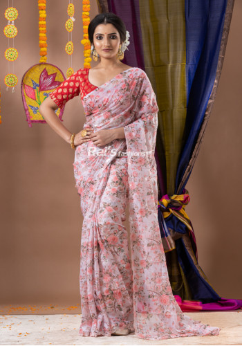All Over Digital Printed Chiffon Silk Saree With Embroidery Work (KR1814)