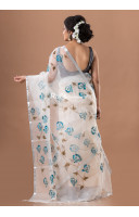 All Over Fabric Worked Muslin Silk Saree With Silver Zari Border (KR1816)