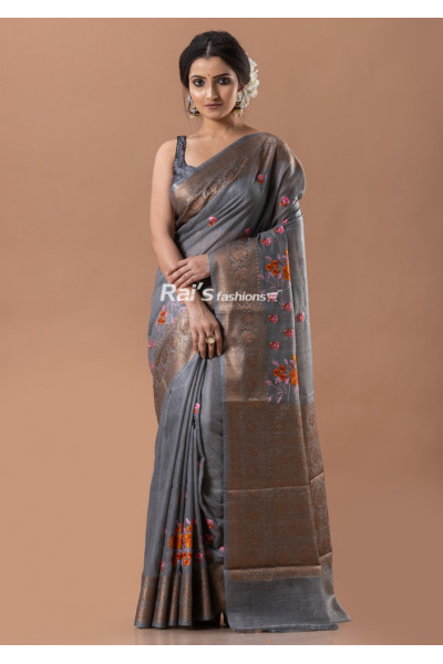 All Over Embroidery Work Dupion Silk Cotton Saree With Banarasi Border And Pallu (KR1822)
