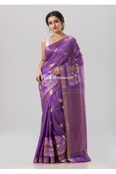 All Over Embroidery Work Handloom Silk Cotton Saree With Stripes Pattern Pallu (KR1795)