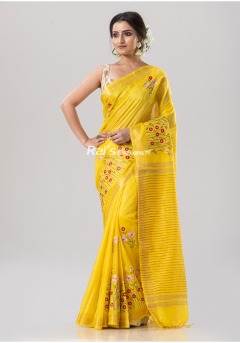 All Over Embroidery Worked Semi Katan Silk Saree With Stipes Pattern Pallu (KR1811)