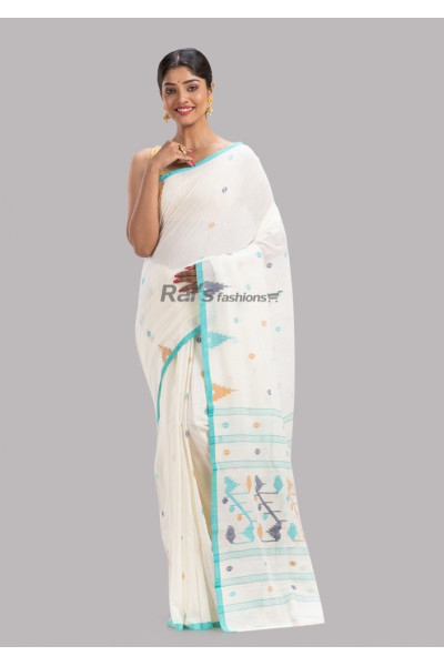 All Over Self Weaving Butta Worked Premium Quality Handloom Charka Cotton Saree (KR1779)
