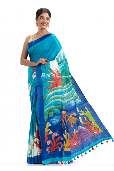 All Over Printed Pure Tussar Munga Silk Saree With Contrast Color Saree (KR1782)