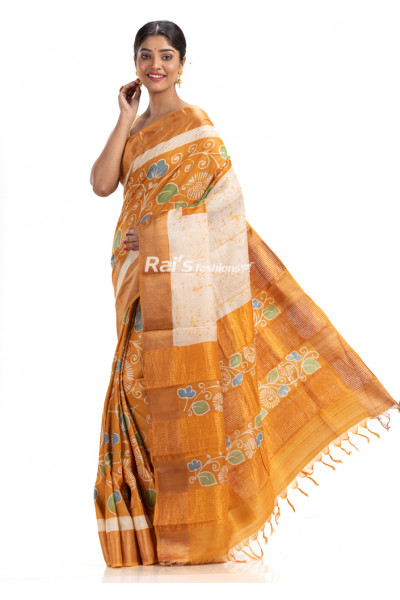 All Over Printed Pure Bishnupuri Tussar Silk Saree With Golden Zari Border And Pallu Stripes (KR1783)