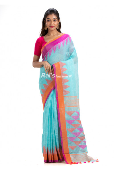 Temple Work And Contrast Color Border Design Linen By Linen Saree (KR1741)