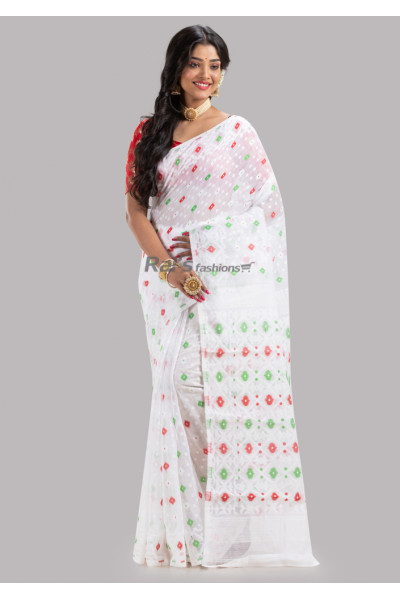 All Over Contrast Color Self Weaving Butta Work Design Soft Reshom Silk Dhakai Jamdani Saree (KR1742)
