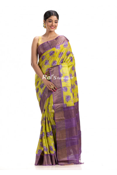 All Over Printed Pure Bishnupuri Tussar Silk Saree With Contrast Color Zari Border And Pallu (KR1772)