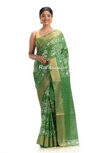 All Over Batik Printed Green Soft Silk Saree With Sequence Work Pallu And Golden Zari Border (KR1773)