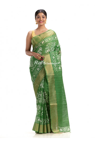 All Over Batik Printed Green Soft Silk Saree With Sequence Work Pallu And Golden Zari Border (KR1773)