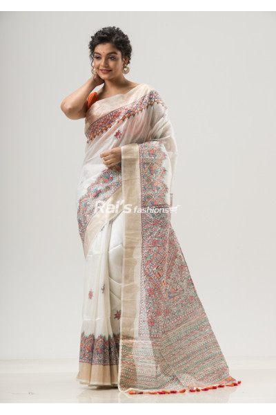 Fine Silk Linen With Hand Madhubani Print Saree (NS7)