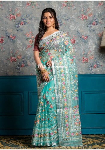 All Over Embroidery Work Muslin Silk Saree With One Inch Silver Zari Border (KR1840)