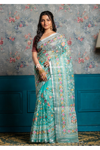All Over Embroidery Work Muslin Silk Saree With One Inch Silver Zari Border (KR1840)