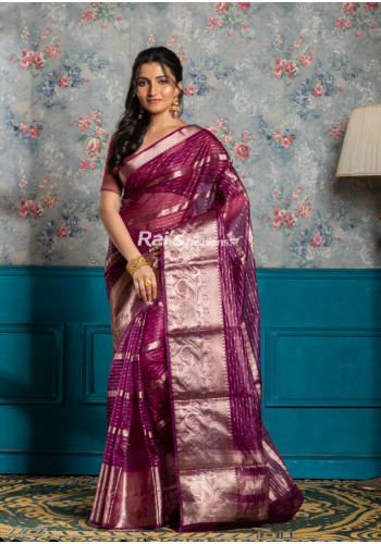 All Over Self Weaving  Zari Stripes Semi Organza Silk With Banarasi Worked Border (KR1846)