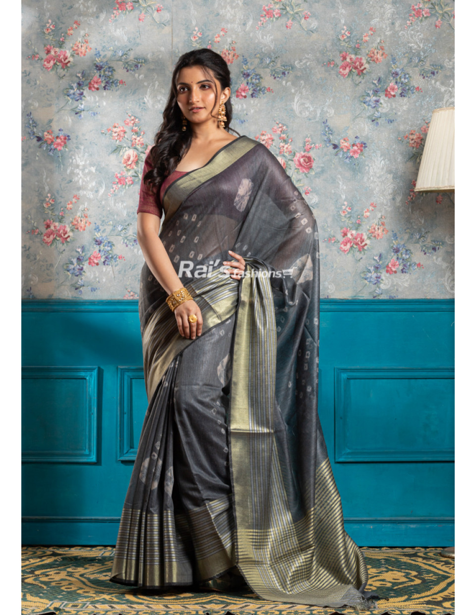 Golden Zari Stripes Border And Pallu Worked Soft Silk Saree With Bandhni Printed (KR1866)