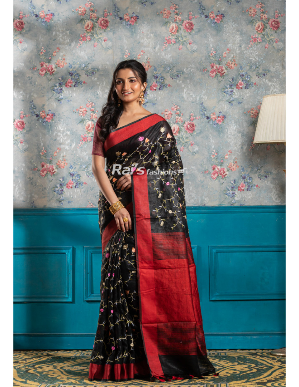 All Over Embroidery Work Linen By Linen Saree With Contrast Color Border And Pallu (KR1869)