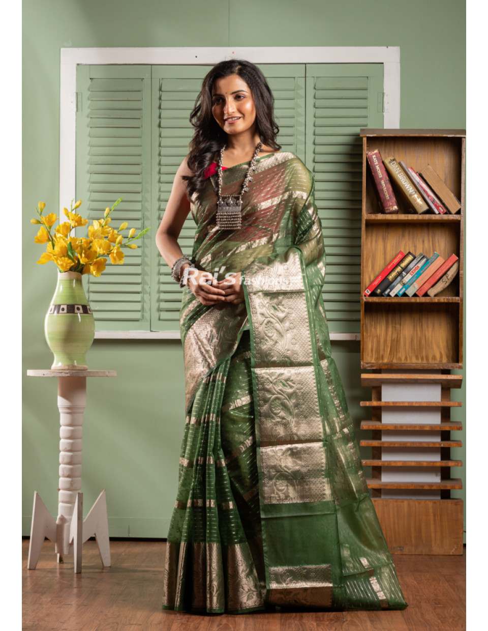 All Over Self Weaving Zari Stripes Semi Organza Silk Saree With Banarasi Worked Border (KR1907)