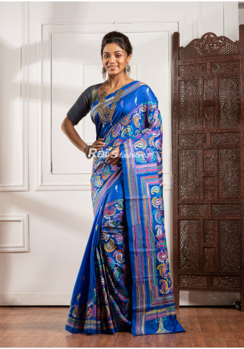 Diagonal Stripe Pattern All Over Hand Kantha Stitch Worked Blue Pure Bangalore Silk Saree (KR1912)