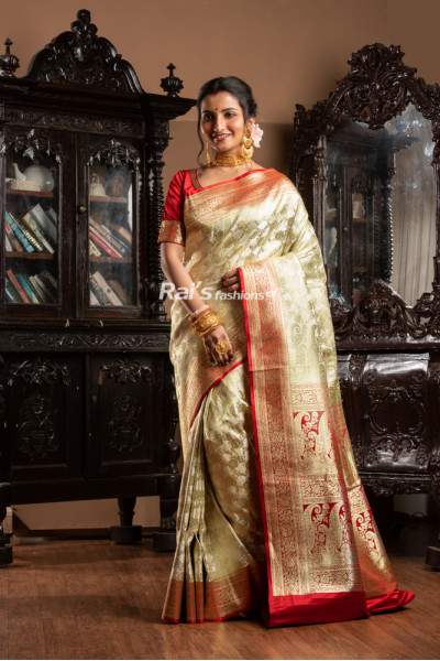 All Over Banarasi Work Katan Banarasi Silk Saree With Contrast Color Border And Pallu (KR1859)