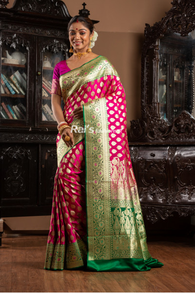 All Over Golden Butta Weaving Katan Banarasi Silk Saree With Contrast Color Border And Pallu (KR1864)