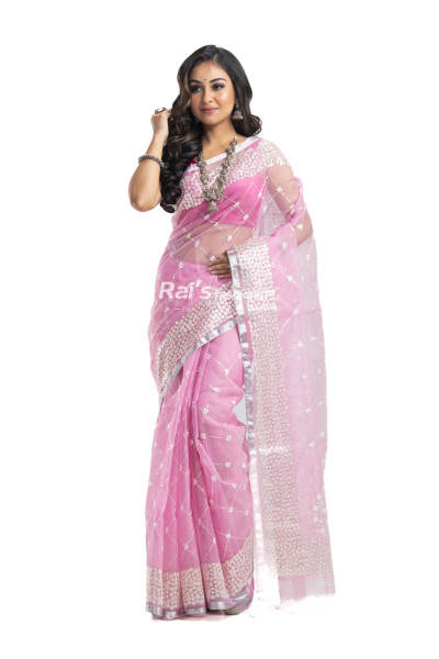 Muslin Silk Saree With All Over Embroidery And Sequence Work - Also Has Highlighted Silver Zari Border (KR2185)
