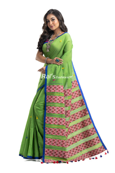 Handloom Cotton Silk Saree With Multicolor Tassel Work On All Over Base And Contrast Color Printed Stripes Patch Work On Pallu (KR2200)