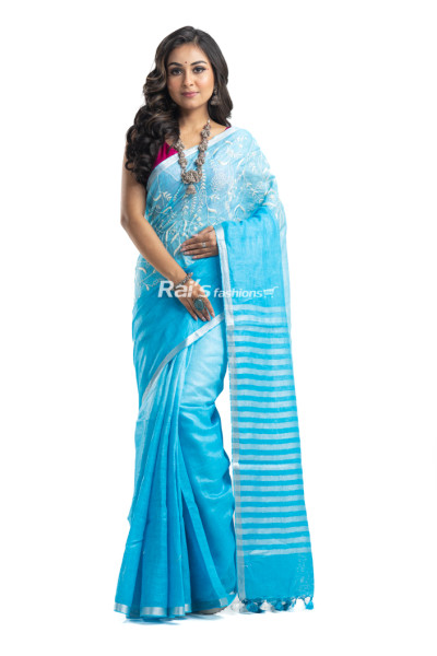 Linen By Linen Saree With Embroidery Work And Highlighted Silver Zari Border And Striped Pallu  (KR2201)
