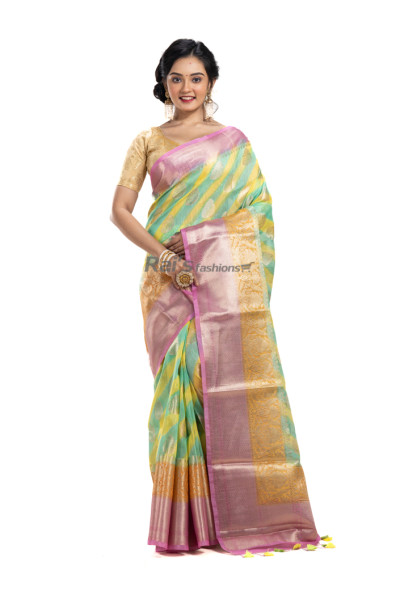Silk Linen Saree With Fine Banarasi Weaving Butta Work - Multicolor Stripes All Over And Contrast Color Weaving Border And Pallu (KR2148)