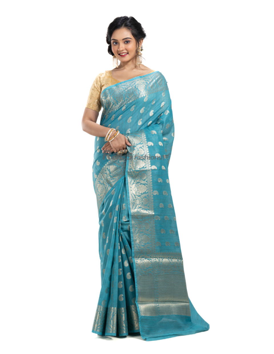 Dupion Silk Cotton Saree With Silver Zari Weaving Butta All Over - And The Border And Pallu Part Traditional Banarasi Weaving Work (KR2136)