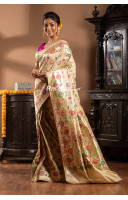 All Over Contrast Color Hand Weaving Off White Banarasi Silk Saree (KR1958)
