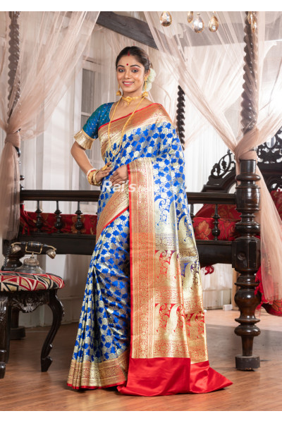 All Over Weaving Worked Contrast Color Border And Pallu Katan Banarasi Silk Saree (KR1937)