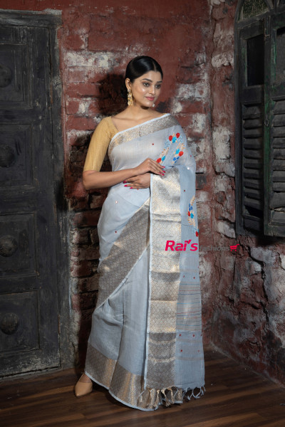 All Over Mirror Embroidery Work And Silver Zari Weaving Border Design Linen By Linen Saree (KR809)