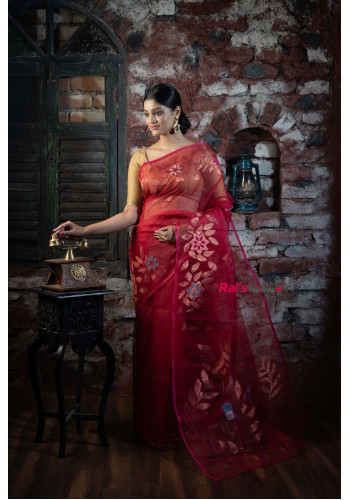 Pure Muslin Silk Red Saree With All Over Traditional Jamdani Work (KR815)