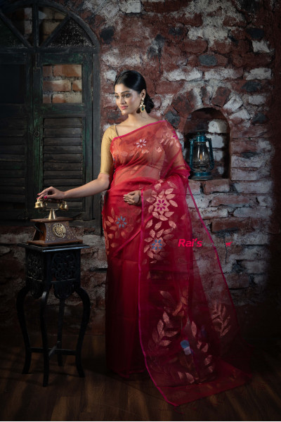 Pure Muslin Silk Red Saree With All Over Traditional Jamdani Work (KR815)