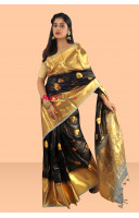 Premium Quality Pure Organza Silk Black Saree With Highlighted Reshmi Zari Weaving Wide Border And All Over Butta Work (KR624)