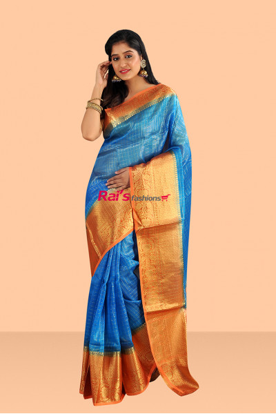 Handloom Pure Organza Silk With All Over Checks And Contrast Color Zari Weaving Border Design Saree (KR627)