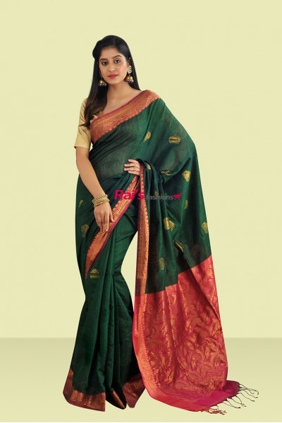 Pure Handloom Matka Benarasi Bottle Green Saree With Contrast Color Border And Butta Work All Over Pallu Weaving Work (KR630)