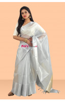 Premium Quality Pure Tissue Silk With Silver Zari Weaving Border Design Saree (KR631)