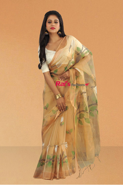 Pure Muslin Silk Beige Color Saree With All Over Handweaving Traditional Jamdani Work (KR636)