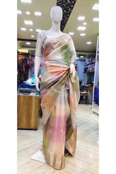 Silk Linen With Rainbow Dye And Traditional Benarasi Weaving Border And Pallu Design Saree (KR2299)