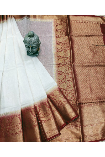 Golden Banarasi Butta Weaving And Contrast Color Pallu And Border Design Fancy White Silk Linen Saree (KR896)