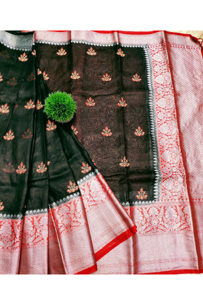 All Over Embroidery Butta Weaving And Contrast Color Butta Weaving Pallu And Border Design Black And Red Silk Linen Saree (KR897)