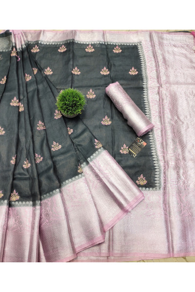 All Over Embroidery Butta Weaving And Contrast Color Butta Weaving Pallu And Border Design Grey And Pink Silk Linen Saree (KR898)
