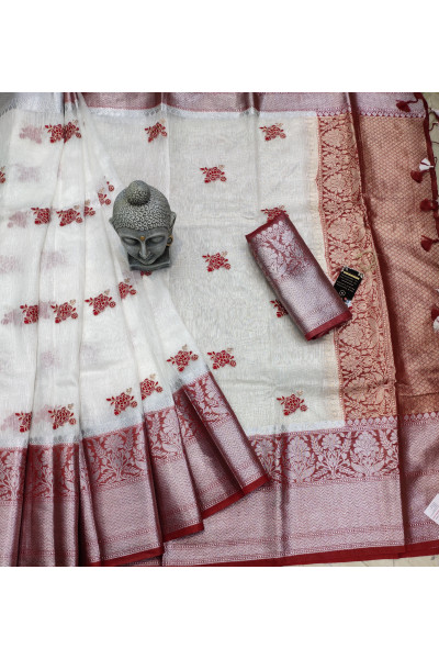 All Over Embroidery Butta Weaving And Contrast Color Butta Weaving Pallu And Border Design Red And White Silk Linen Saree (KR899)