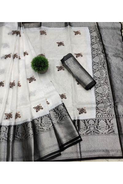 All Over Embroidery Butta Weaving And Contrast Color Butta Weaving Pallu And Border Design White And Black Silk Linen Saree (KR900)