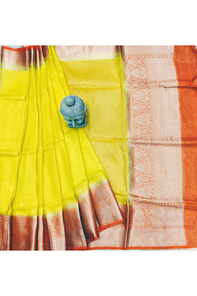 Golden Banarasi Butta Weaving And Contrast Color Pallu And Border Design Fancy Yellow And Orange Silk Linen Saree (KR901)