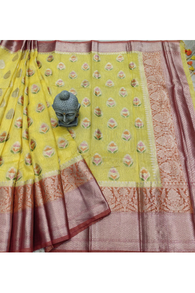All Over Butta Weaving And Contrast Color Banarasi Butta Weaving Pallu And Border Design Fancy Silk Linen Saree (KR914)