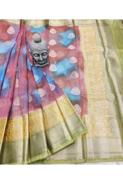 All Over Banarasi Butta Weaving And Contrast Color Pallu And Border Design Multicolor Silk Linen Saree (KR965)